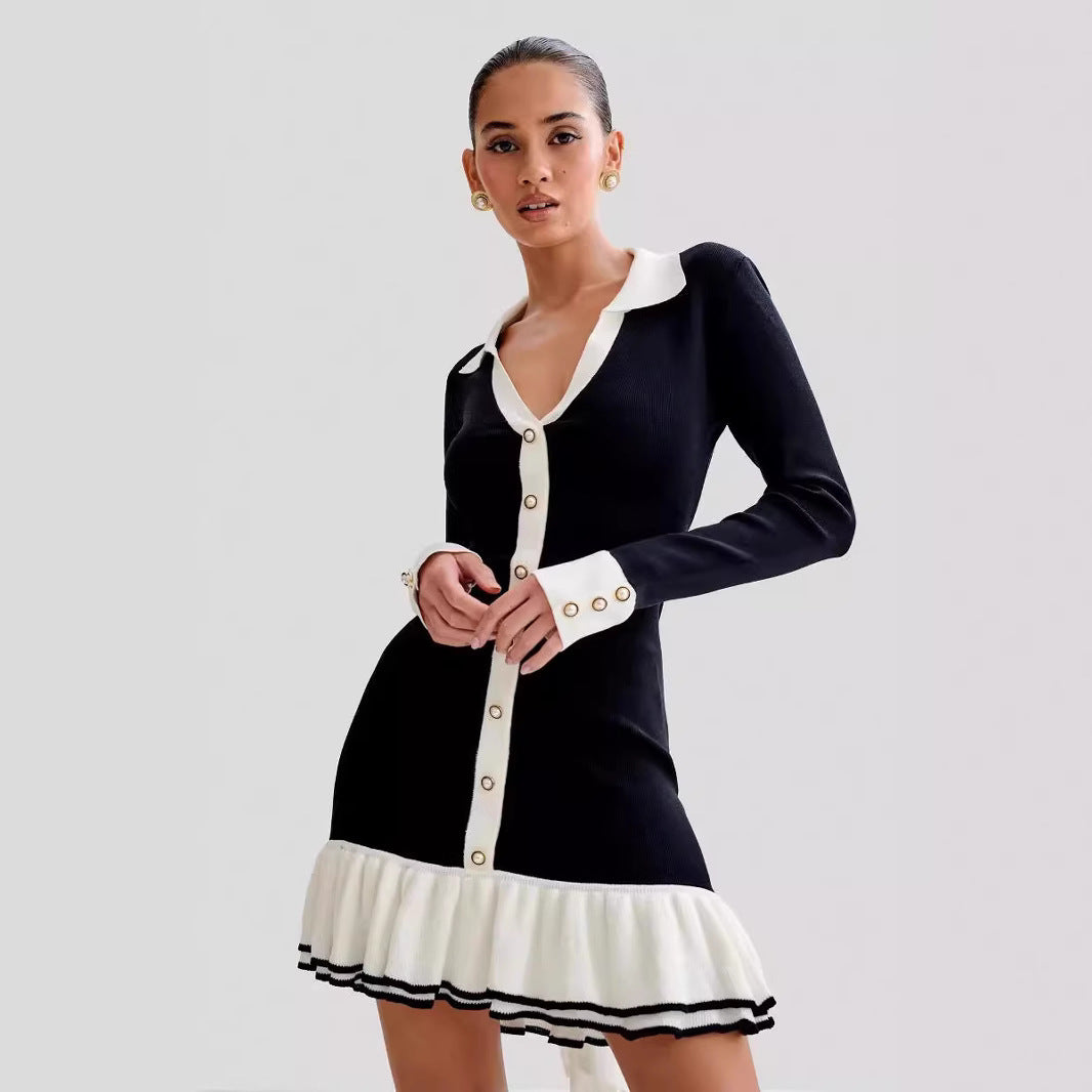 Women's Bow Bandage Ruffled Pearl Buckle Black Knitted Dress