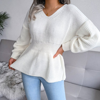 Lantern Sleeves Waist Hem Ruffled Knitted Sweater