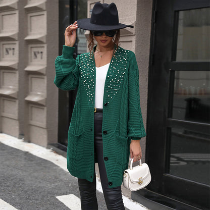 Pattern Knitted Jacket Mid-length Beaded Sweater Cardigan