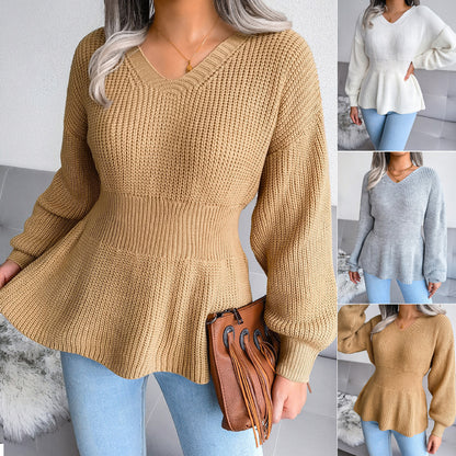 Lantern Sleeves Waist Hem Ruffled Knitted Sweater