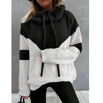 Fashion Two Color Hoodie With Drawstrings Sweater For Women