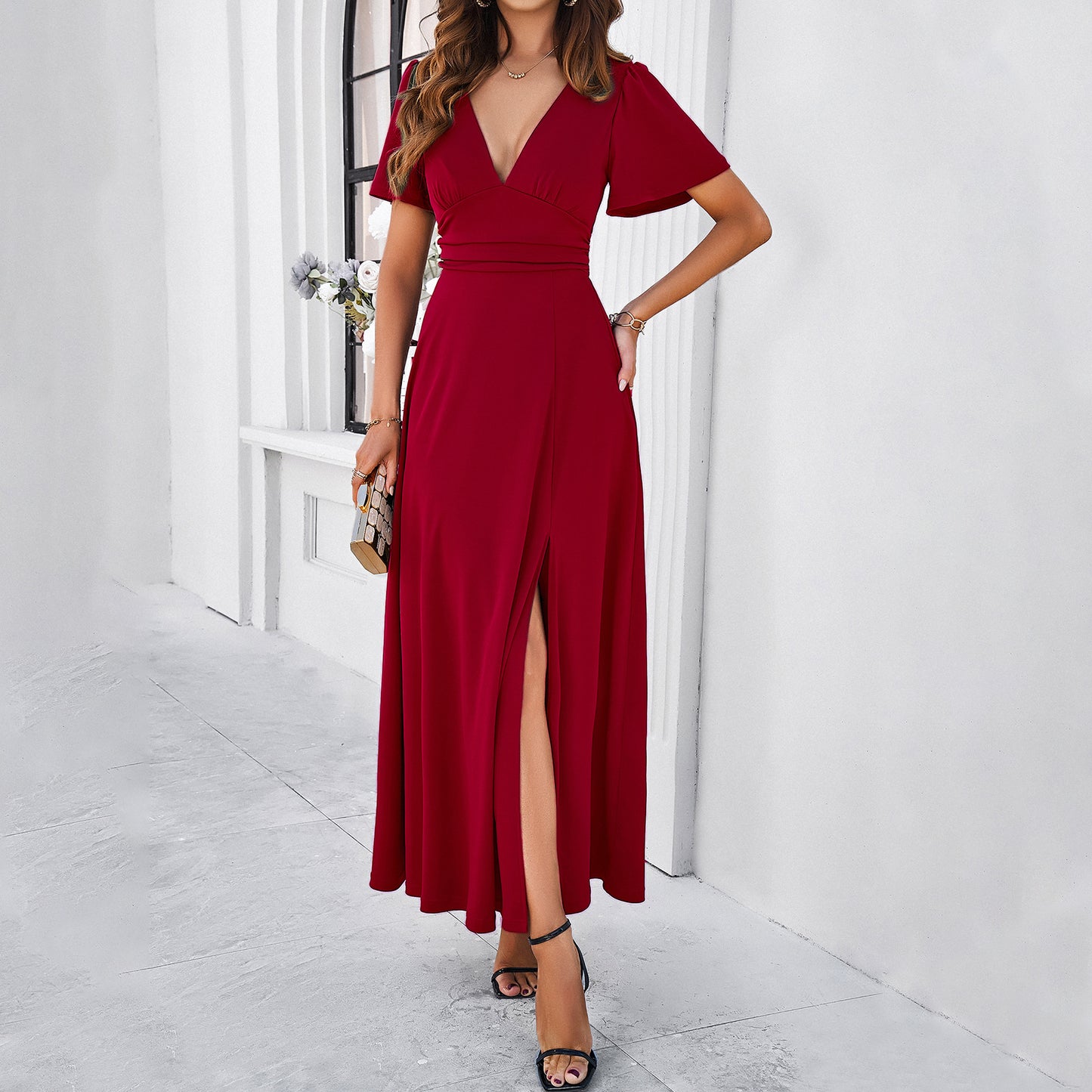 Solid Color Slim V-neck Dress