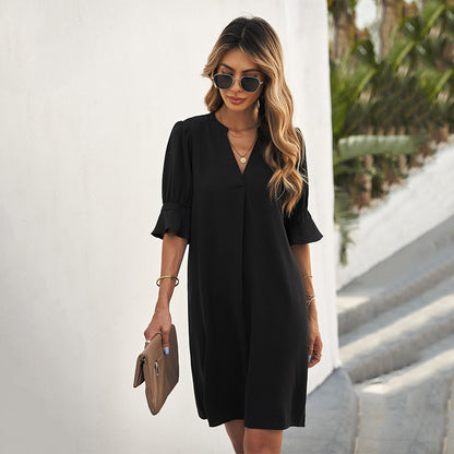 Chiffon Loose Casual V-neck Short Sleeve Knee-length Dress