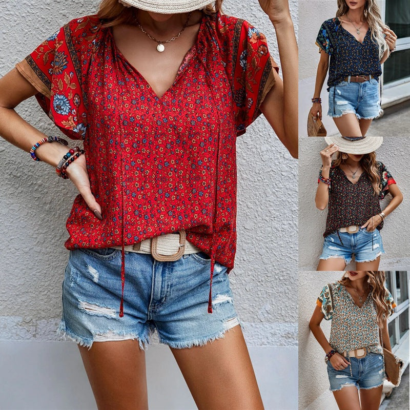 Printed V-neck Short-sleeved Loose T-Shirt