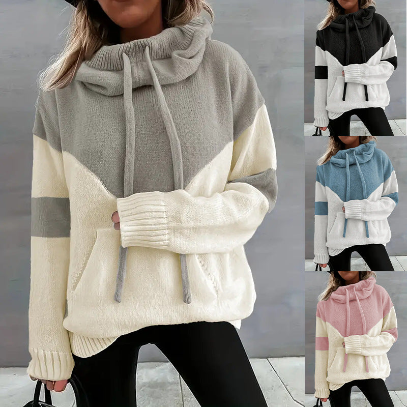 Fashion Two Color Hoodie With Drawstrings Sweater For Women