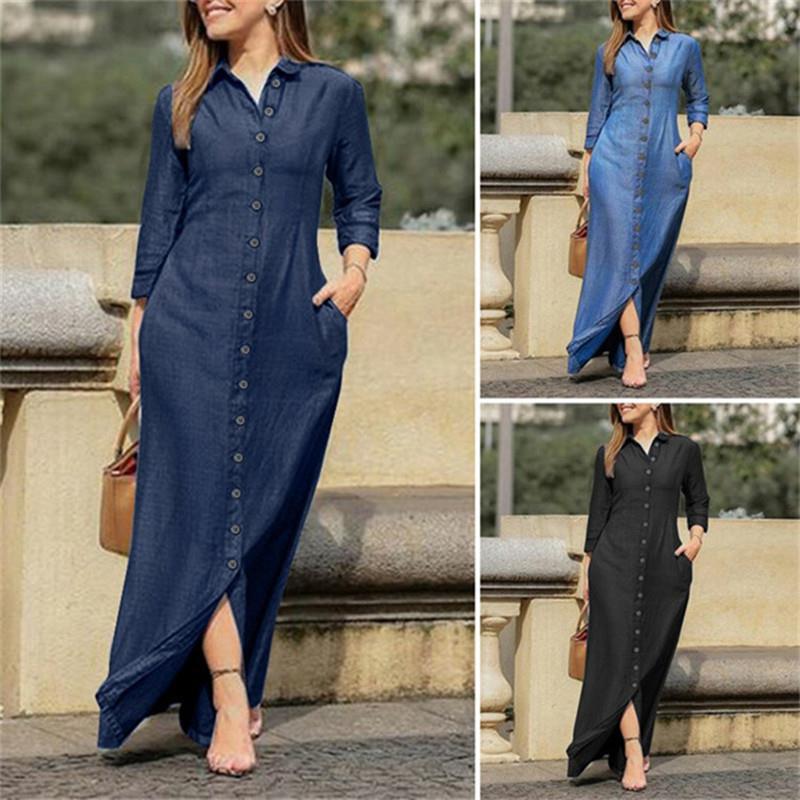 Lapel Cardigan Solid Color Long Denim Dress