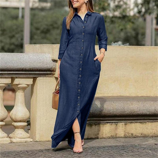 Lapel Cardigan Solid Color Long Denim Dress MAGIC MOON STORE