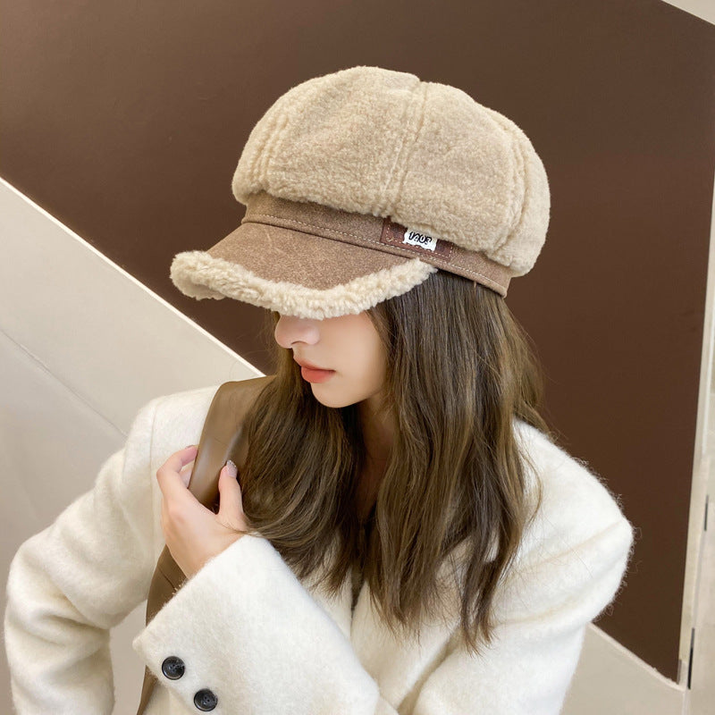 Faux Cashmere Leather Tag Octagonal Winter Warm Peaked Cap