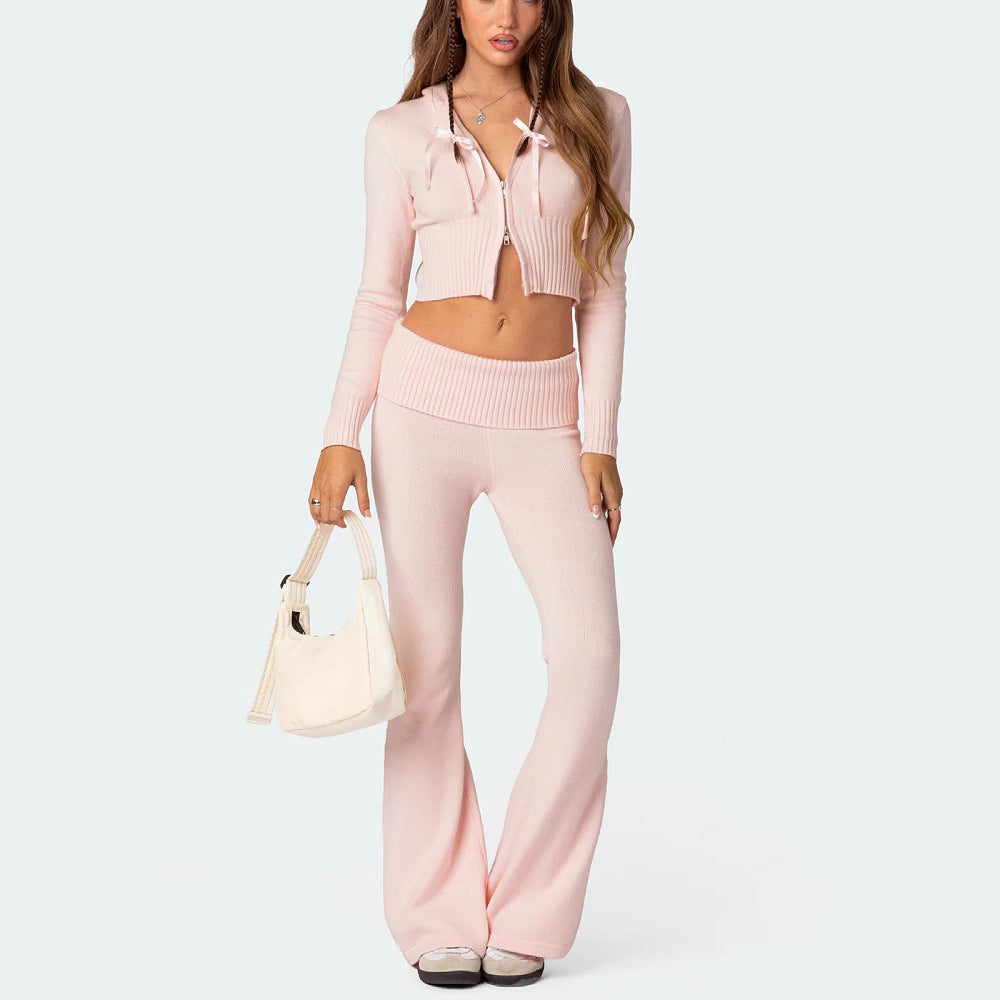 Knitted Hooded Long Sleeve Zipper Cropped Top And Slim Flared Pants Set