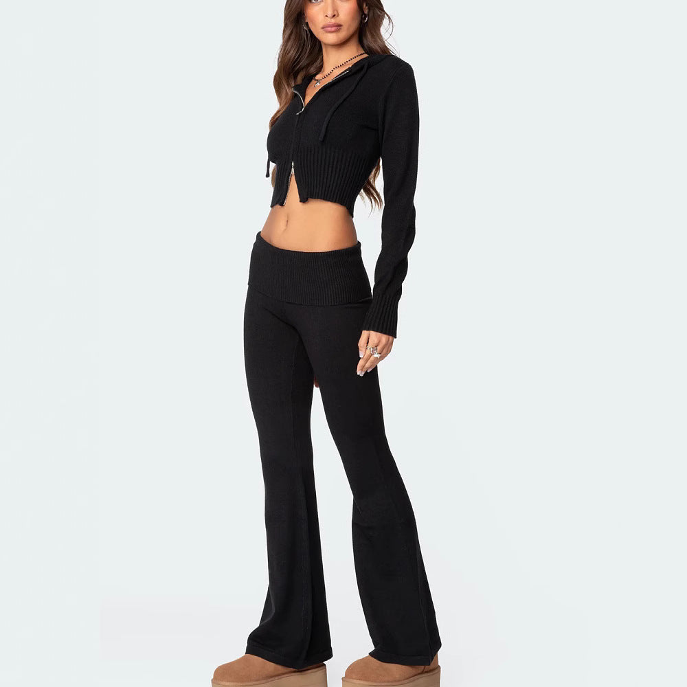 Knitted Hooded Long Sleeve Zipper Cropped Top And Slim Flared Pants Set