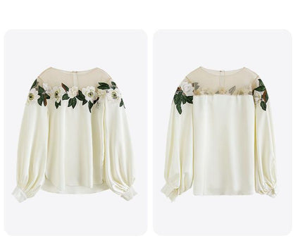 Satin Embroidered Mesh Yoke Blouse