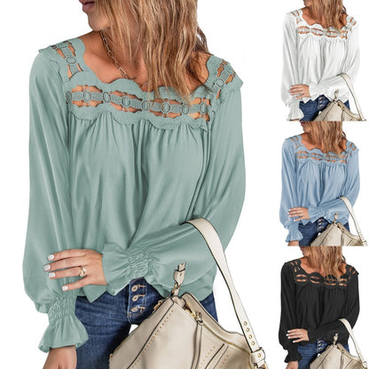 Elegant Hollow Lace Square Collar Long-sleeved Blouse