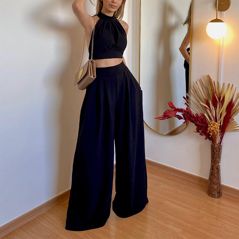 Halterneck Slim Wrapped Chest High-waisted Trousers Set