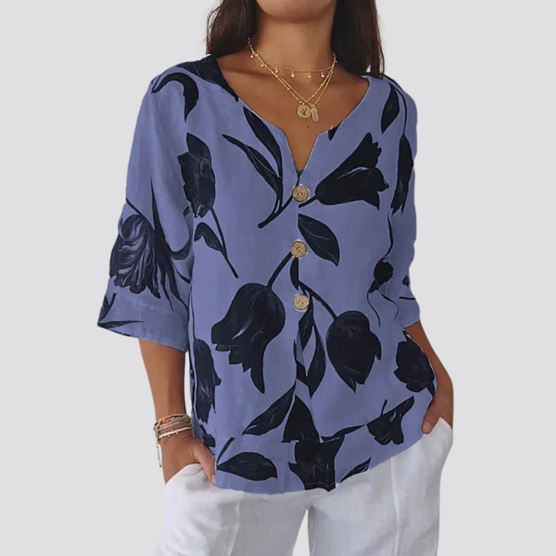 Printed Cotton And Linen V-neck Shirt