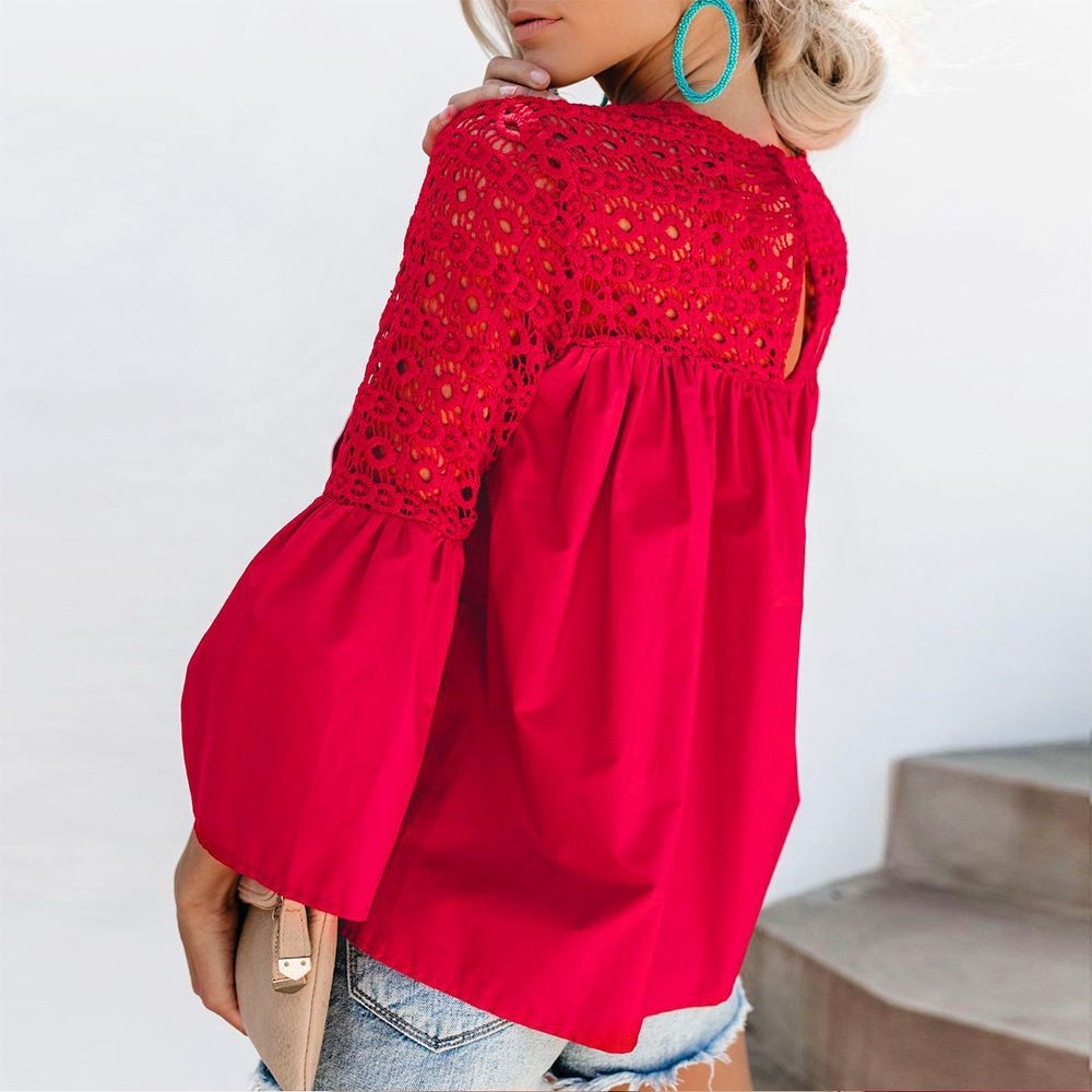 Round neck Ruffle Broderie Blouse - Magic Moon Store