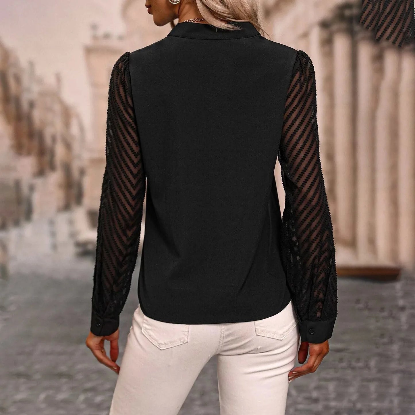 Women's V Neck Spliced Long Sleeve Solid Color Chiffon Blouse