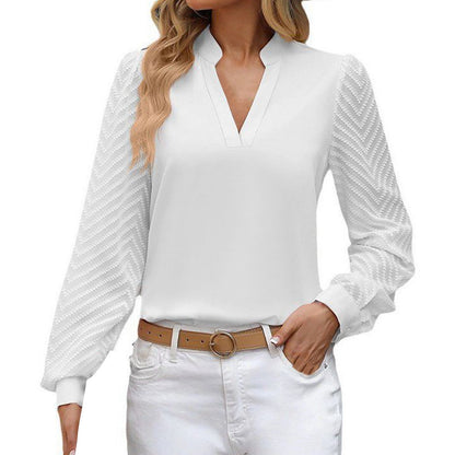 Women's V Neck Spliced Long Sleeve Solid Color Chiffon Blouse