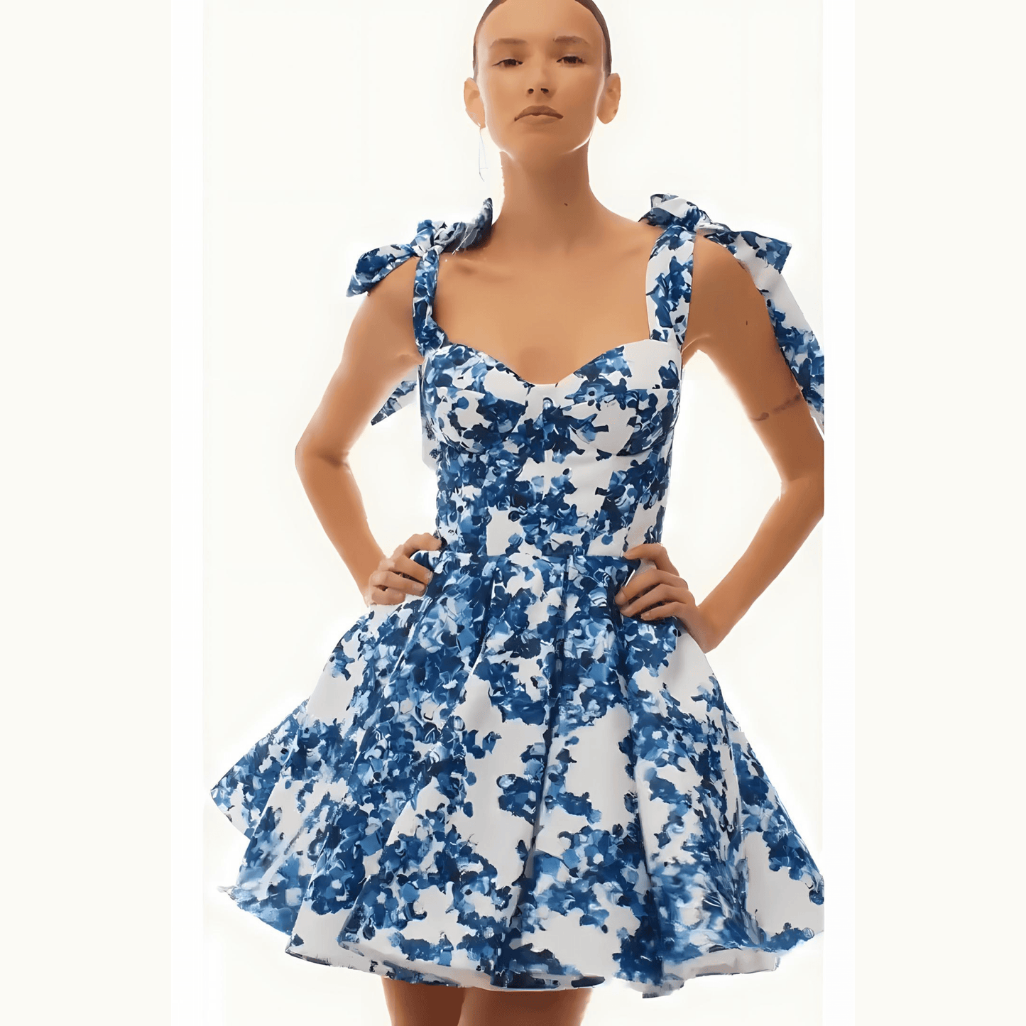 Floral Print Bow Straps Princess Flared Mini Dress