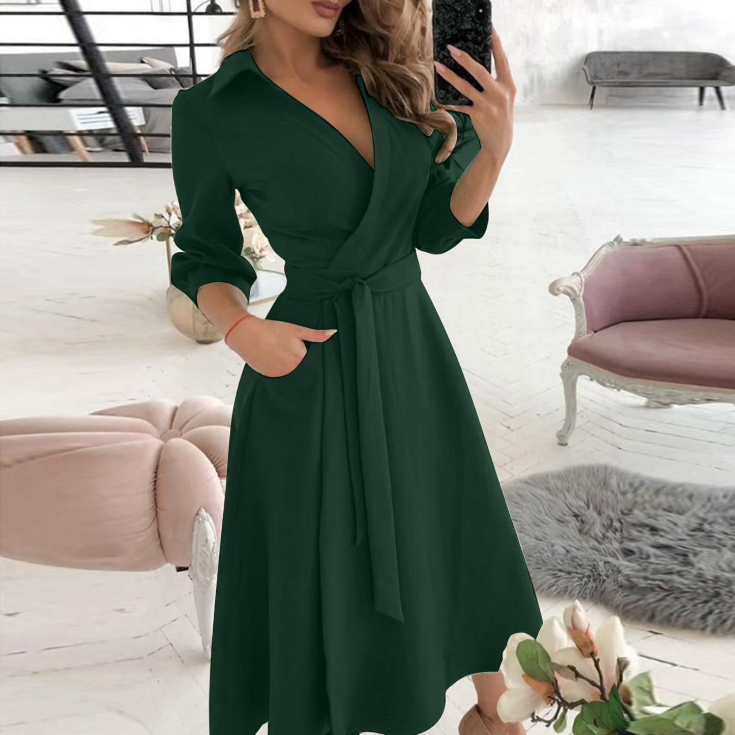 Lapel Bodycon  Slim tie up Wrap V-neck vintage Formal Maxi Dress