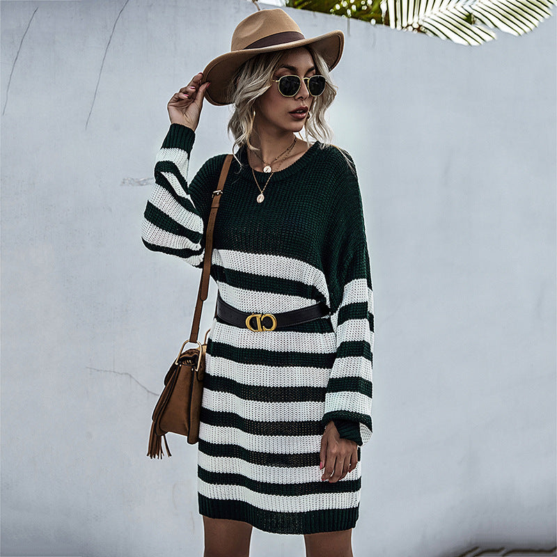 Long-sleeved Striped Round Neck Knitted Sweater Dress