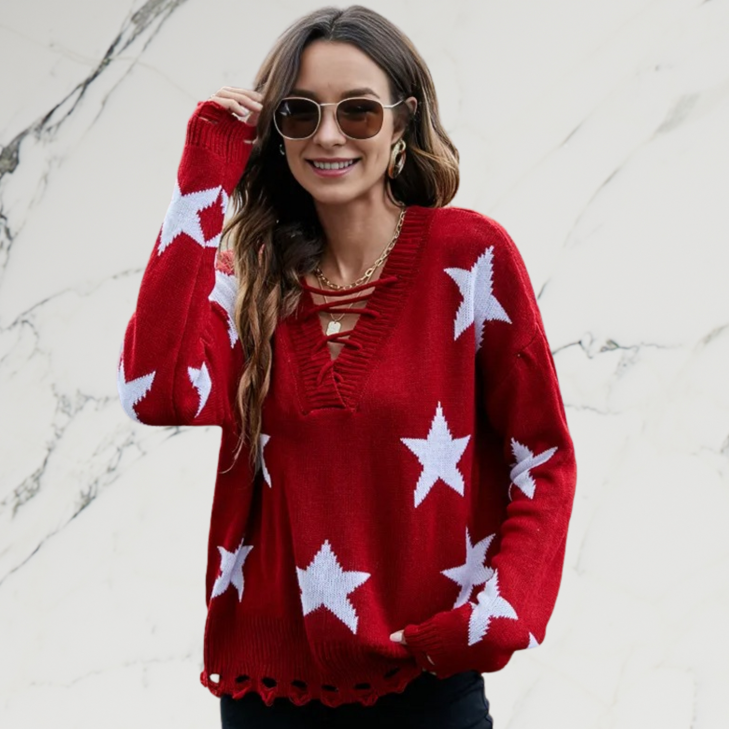 V-neck Knitted Stars Jacquard Loose Sweater - Magic Moon Store