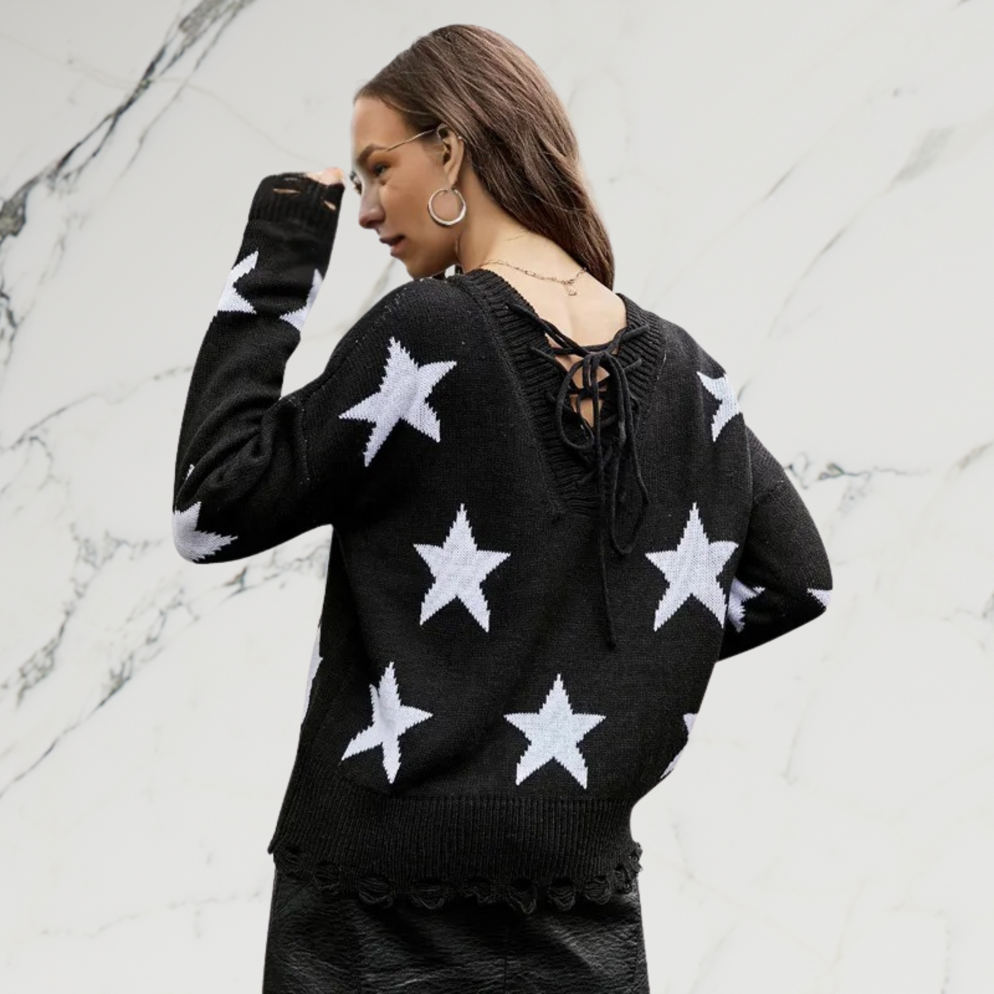 V-neck Knitted Stars Jacquard Loose Sweater - Magic Moon Store