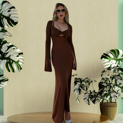 U-shaped Collar Long Sleeve Waist-tight Maxi Dress