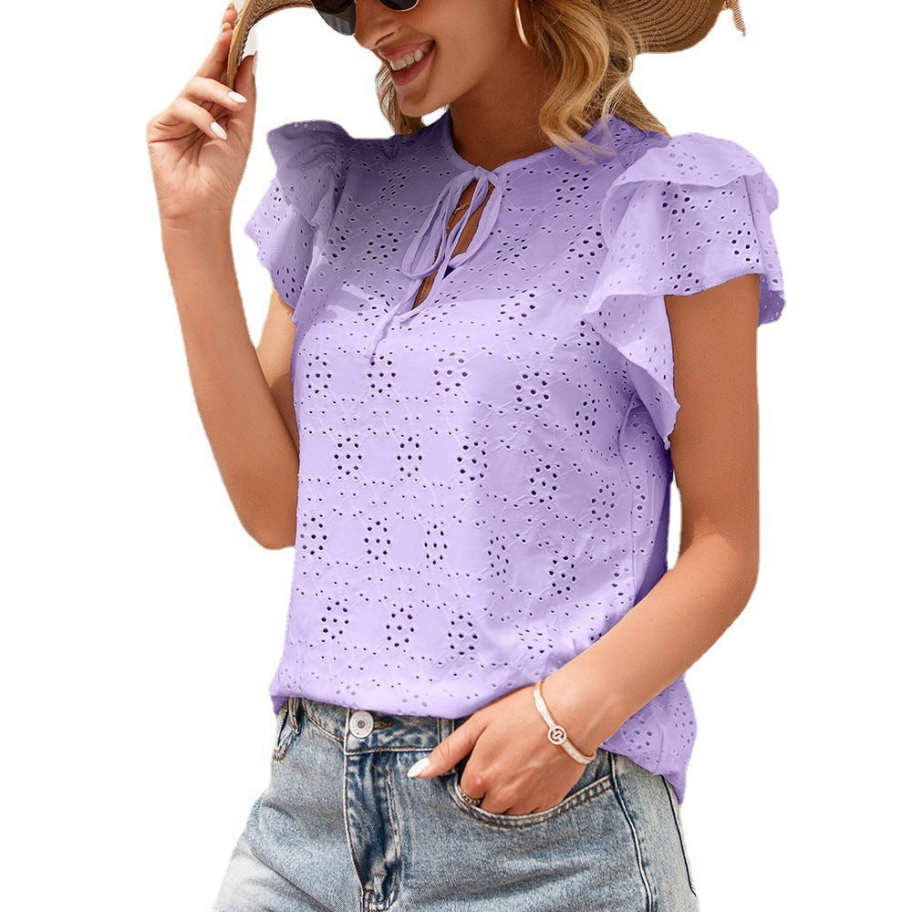 Crocheted Flower Hollow Out Ruffle Sleeve Blouse