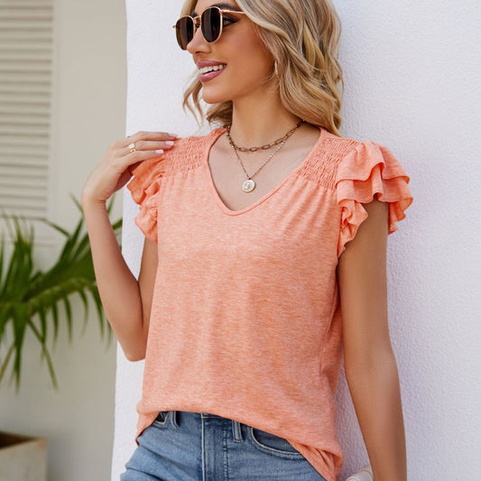 V-neck Pleated Short Sleeves Loose T-shirt