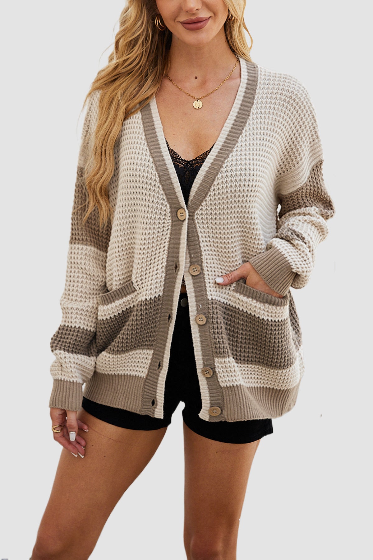 Knitted Pocket Color Matching Cardigan Sweater - Magic Moon Store