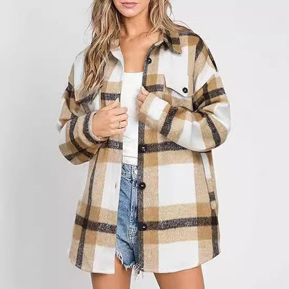 Women's Plaid Buckle Jacket Casual Fashion Long Sleeve