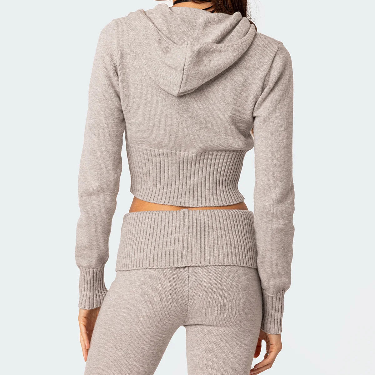 Knitted Hooded Long Sleeve Zipper Cropped Top And Slim Flared Pants Set