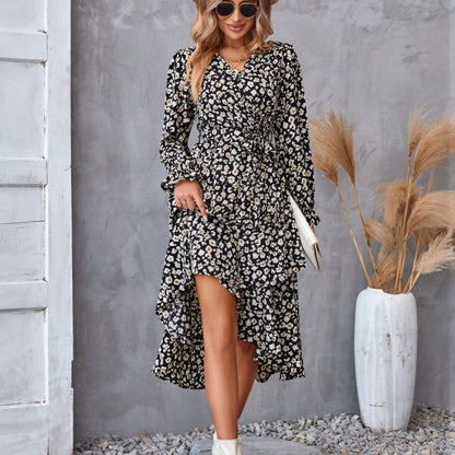 Flowers Print Long Sleeve Dress Ruffled