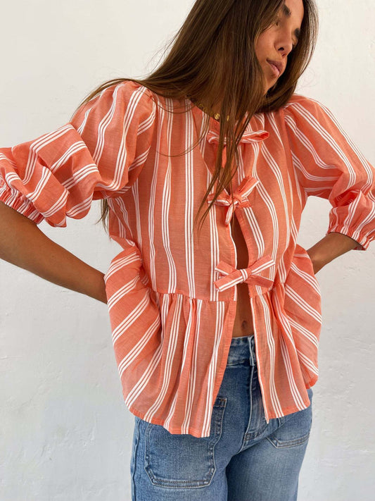 Striped Women's Top Tether Loose Pleated Shirt