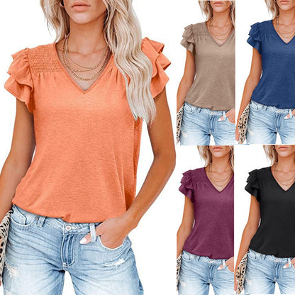 V-neck Pleated Short Sleeves Loose T-shirt