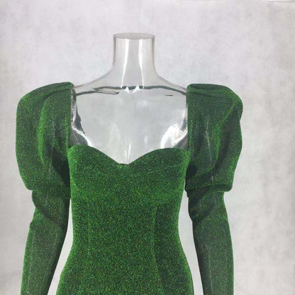 Princess Sleeve Square Neck Skinny Short Green Dress