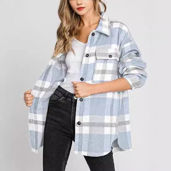 Women's Plaid Buckle Jacket Casual Fashion Long Sleeve