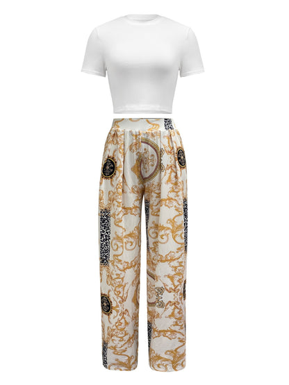 Printed Casual Short T-shirt & Wide Pants Set - Magic Moon Store