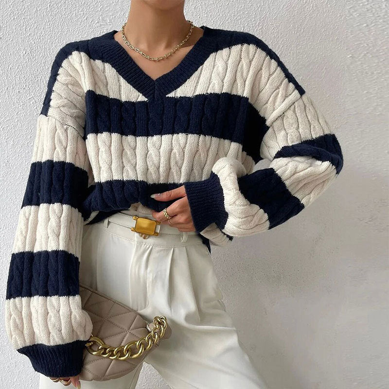 V-neck Long Sleeve Striped All-matching Sweater - Magic Moon Store