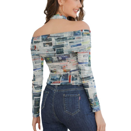 Off Shoulder Long Sleeve Slim-fit Newspaper Printing Top