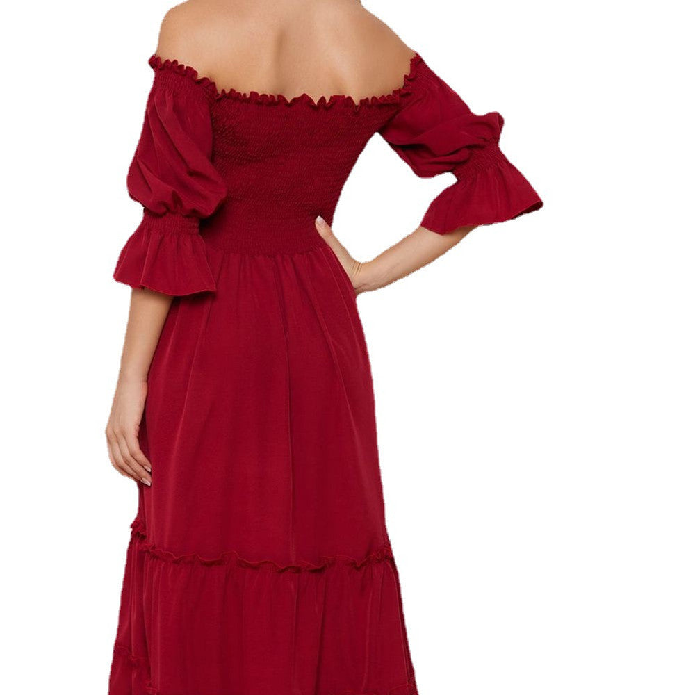 Women's Fashion Casual Off-Shoulder Long Red Dress