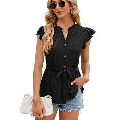 Solid Color Buttons Lace-up Loose Blouse