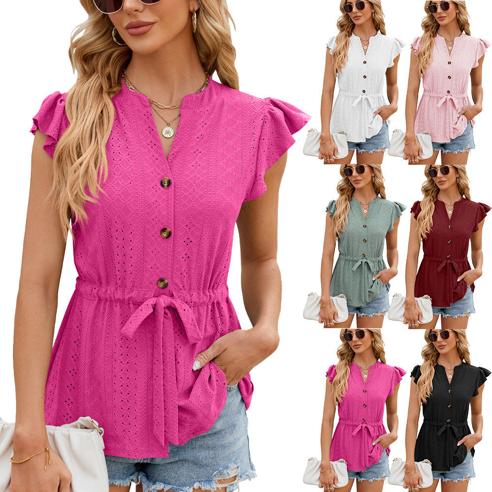 Solid Color Buttons Lace-up Loose Blouse