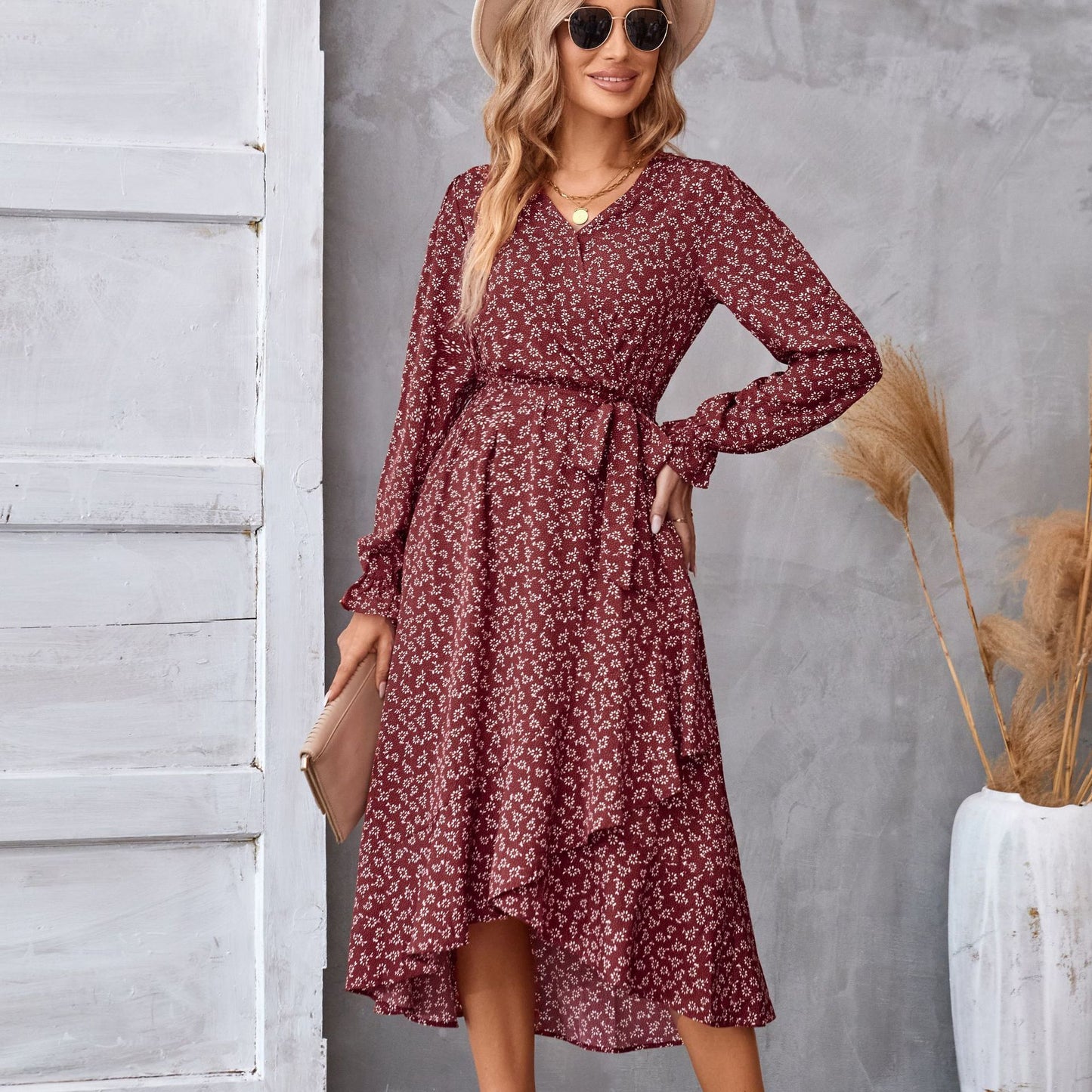 Flowers Print Long Sleeve Dress Ruffled