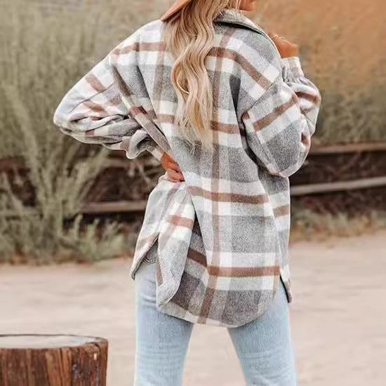 Women's Plaid Buckle Jacket Casual Fashion Long Sleeve