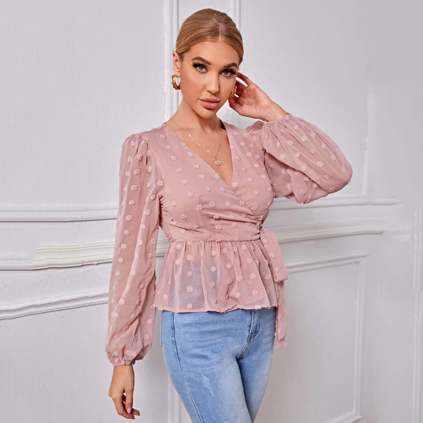 V-neck Slim-fit Light Mature Blouse Women