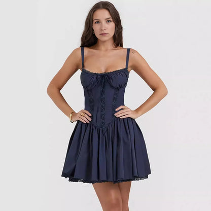 Lace Up Slim Waist Pleated Short Dress