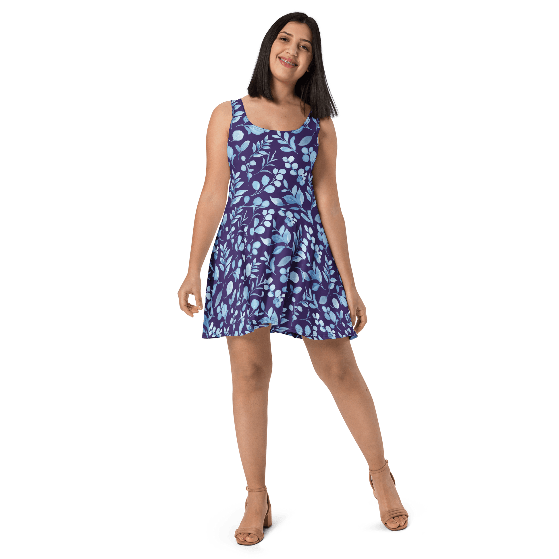 Blue skater dress with Light blue flowers - Magic Moon Store