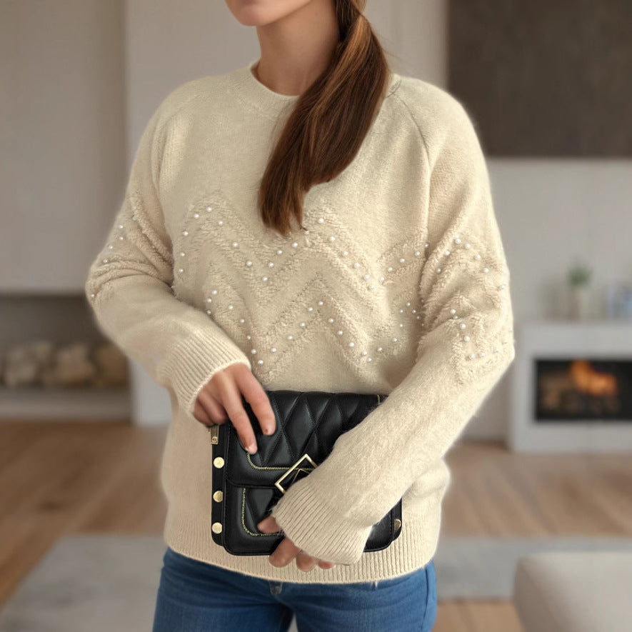 apricot Crew Neck Casual Long-sleeved Pearl Sweater