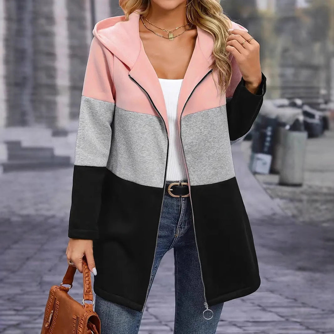 Loose Color Contrast Patchwork Hooded Jacket